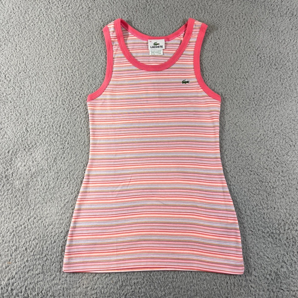 Lacoste Tank Top Women's US Size S (EU/2) Pink Striped Cotton Ribbed Scoop Neck‎